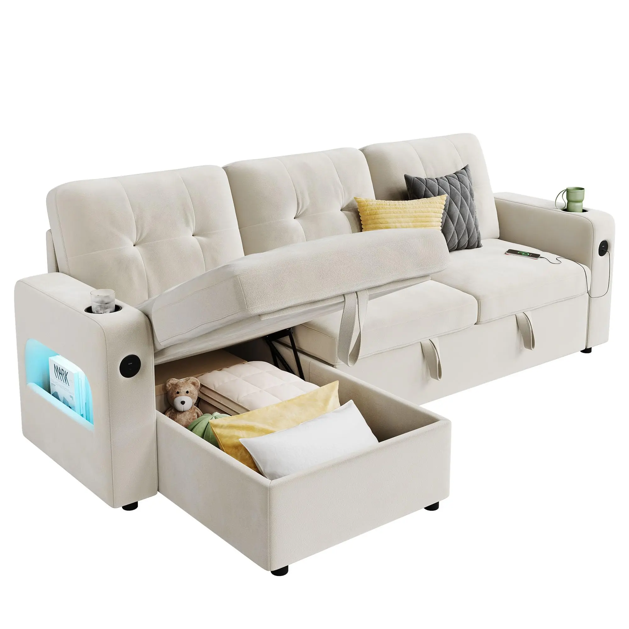 Garvee 84" Tech-Enabled Modular Sectional Couch - Beige Velvet Combination Sofa Bed with Reversible Chaise, Storage, Pull-Out, USB & Type-C Charging Ports, LED Lights, Living Room Sofas, Convertible Indoor Lounge Sofa (Living Room, Apartment)