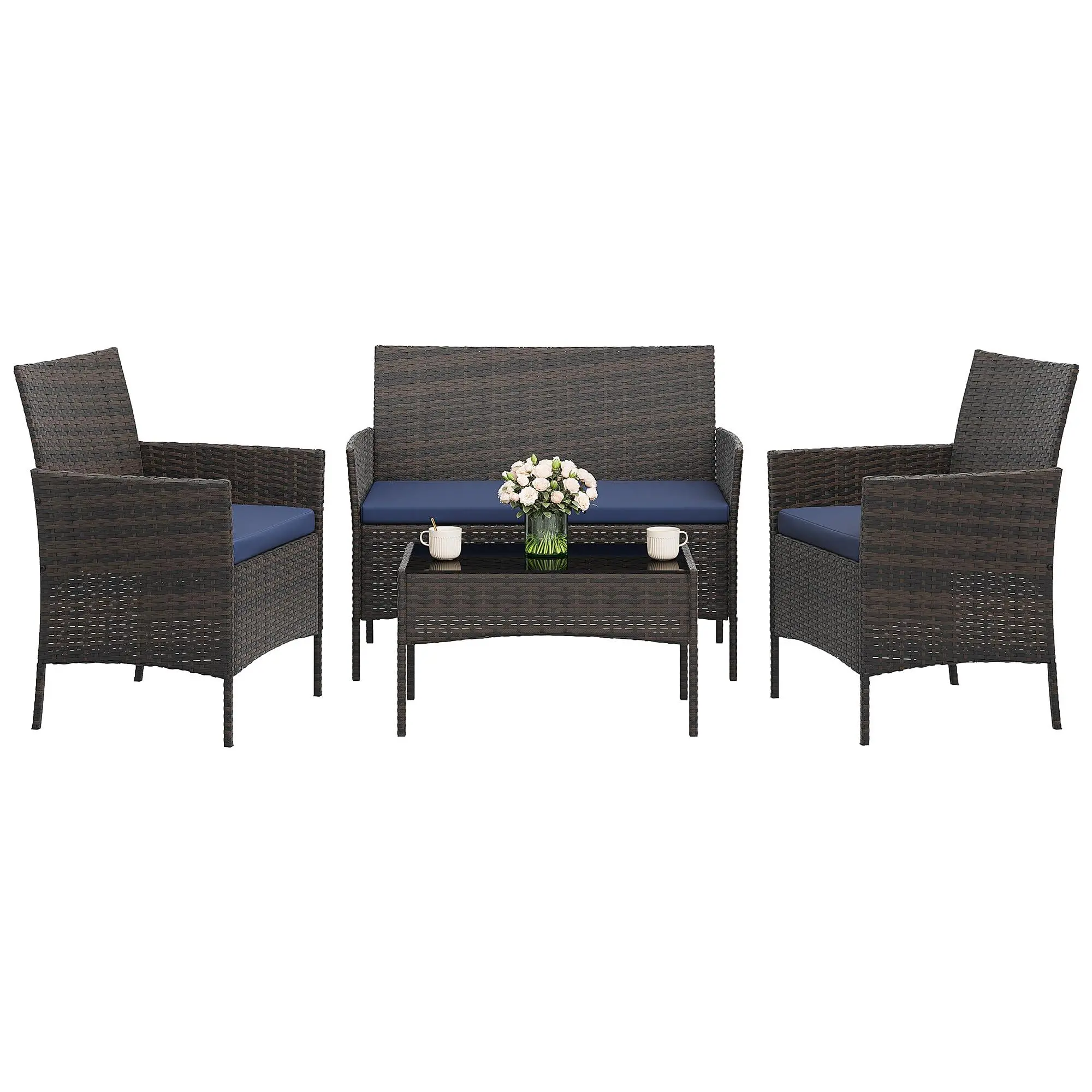 4-Piece Patio Furniture Set, Modern PE Rattan Conversation Set with 2 Chairs, Loveseat & Tempered Glass Coffee Table, All-Weather Outdoor Seating for Garden, Porch, Balcony, Poolside,Blue