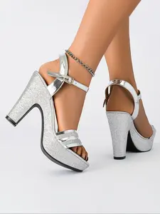 Elegant Women's All-Season Comfortable High Heel Mules, Peep Toe Design for Parties and Night Clubs, Stylish Medium Width Footwear, Glitter Heeled Sandals, Elegant Party Shoes