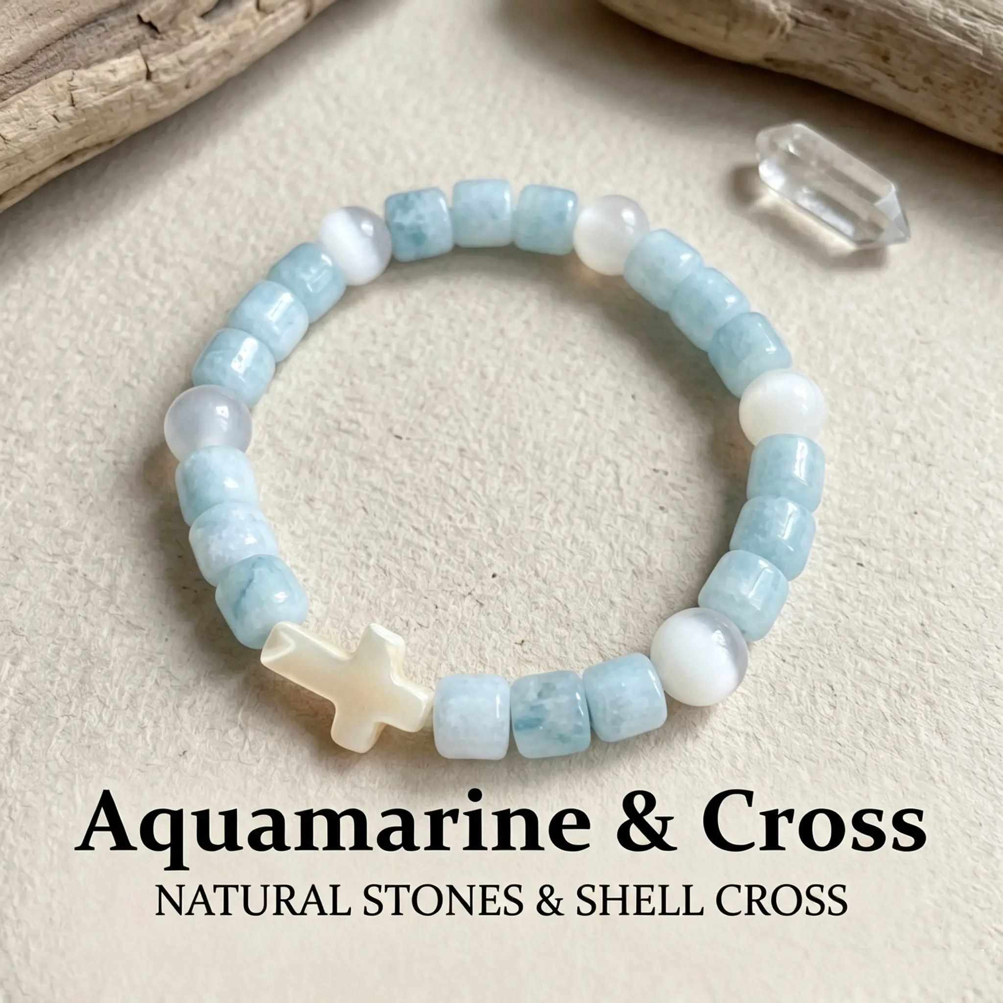 [Free 14K Gold Pendant] Natural Aquamarine & Cross Healing Guardian Bracelet, Crystal Clear Energy Bracelet Symbolizing Protection & Luck, March Birthstone, Gentle Style Unisex Accessory