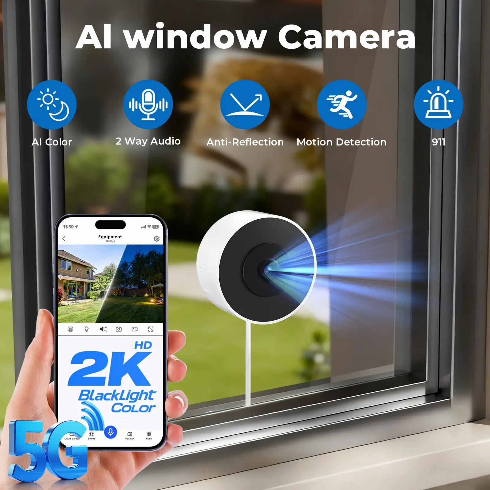 Ai Indoor Window Camera - Protect What Matters, 5G WIFI 2K Smart Home Security Camera with Blacklight Full-Color| U.S.Cloud| 911 Emergency Dispatch| Easy 5-Min Setup, 2-Way Audio, Easy Quick Install