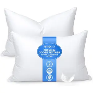 Goose Feather Pillows King Size Pack of 2 - Hotel Down Bed Pillow for Sleeping, Soft 600 Count Cotton Cover, Surround Fill for Side, Stomach, Back Sleepers