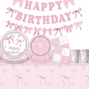 Bow 51pcs Disposable Tableware Set, Includes Plates Dessert Dishes Cups Napkins Tablecloth Banner, Perfect for Camping Picnics BBQ Weddings Birthdays