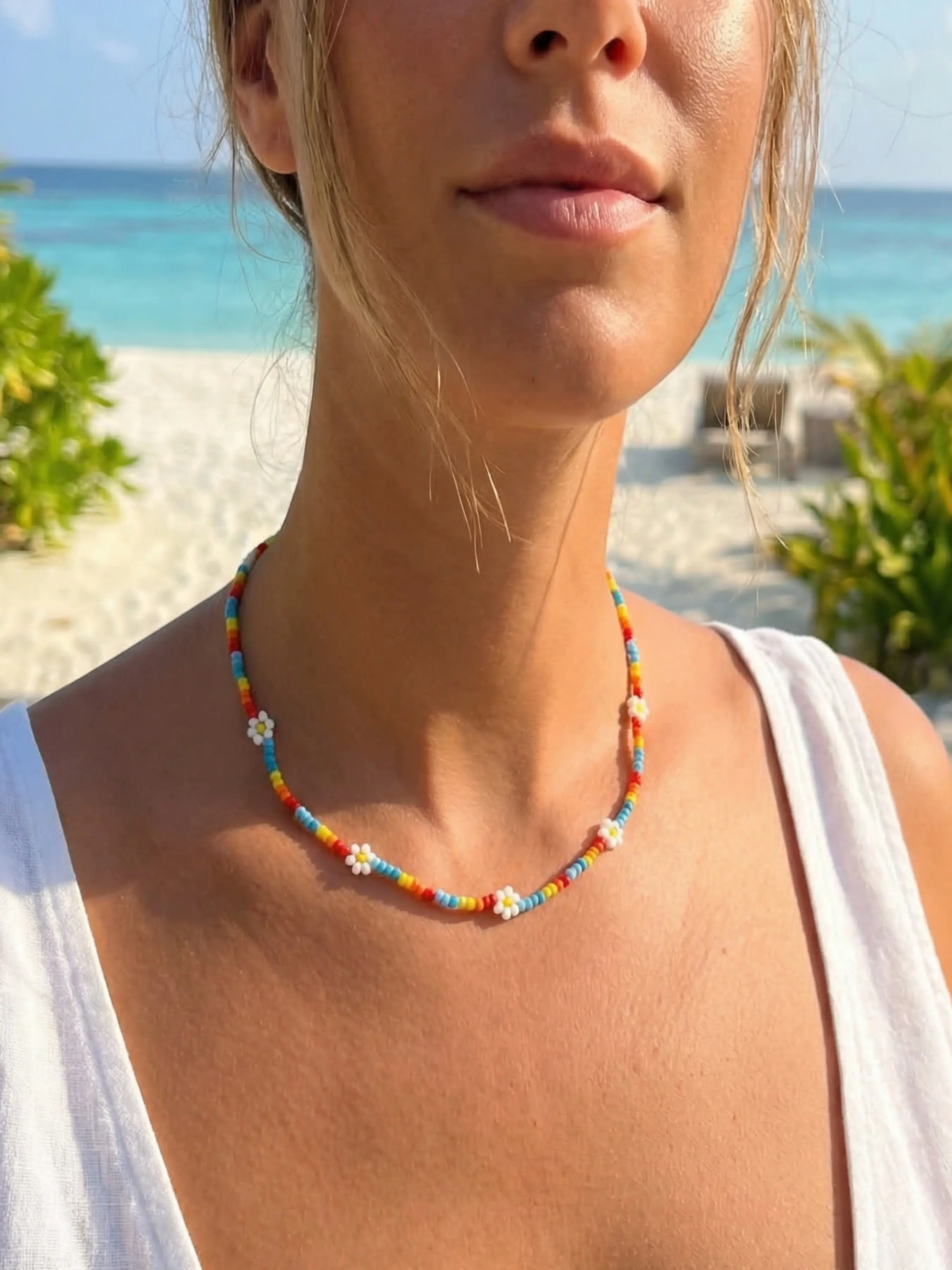 Energetic Rainbow Daisy Pearl Necklace, Handmade Beaded Design, Elegant Gift Boxed Jewelry for Girls, Boho Style Choker