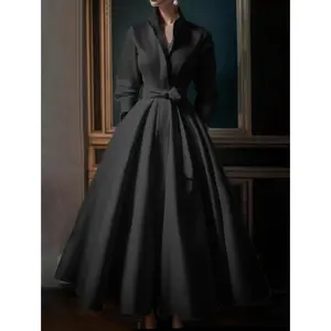 Women Elegant Shirt Dress Long Sleeve Stand Collar White Minimalist A-Line Pleated Wedding Guest Long Dresses with Blet