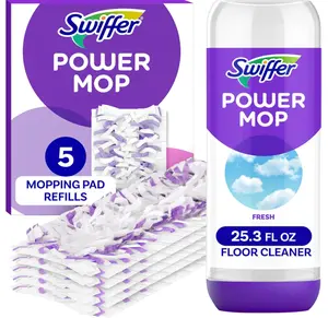 Swiffer Power Mop Refill Pack, Floor Cleaner for Mopping Tile, Vinyl, Laminate, Wood in Home, Bathroom, Kitchen, All Purpose Multi-Surface Cleaning, 5 Pads + 1 Lavender Solution