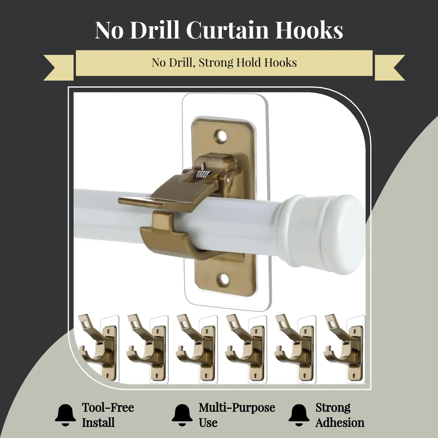 6-Pack No Drill Needed Curtain Rod Holders Brackets, Self Adhesive Rod Holder Hooks, Multipurpose Nail Free Stick on Curtain Rod Hooks-Transparent Rustic Brown,dorm essentials,home decor