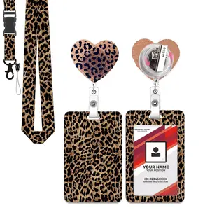 Leopard Heart ID Badge Holder Set, Removable Cardholder, Adjustable Roll-Up Clip, Detachable Name Card Lanyard, Daily Essentials, Nurse Badge Reel, Medical Assistant Office Supplies