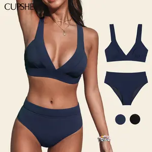 CUPSHE TikTokShopSpringGlowUp Longline V Neck Bralette Classic Removable Soft Cups Wide Straps High Waist Bikini Set Swimsuit Swimwear Beachwear Style