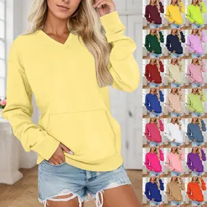 Essential 2025 Autumn Winter Women's V-neck Solid Color Hoodless Sweatshirt with Pockets Loose Long Sleeve Pullover Casual Basic Minimalist Tops Elegance Everyday Fit Womenswear Essential Hoodie Style Piece Jeans Leggings