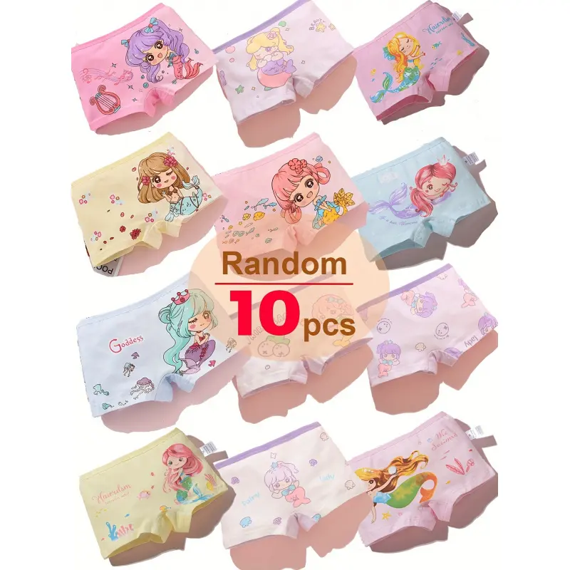 Girls' Cartoon Mermaid Briefs - 10pcs, Elastic, No Random Selection, Soft and Comfortable Kids' Underwear