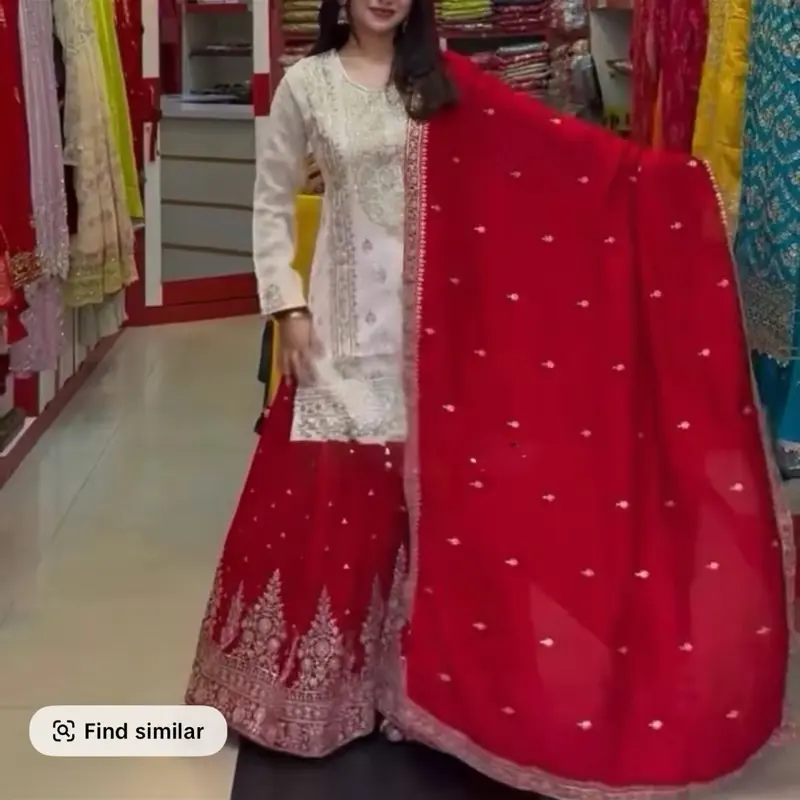 Women white plazo sharara set wedding party wear Pakistani suit