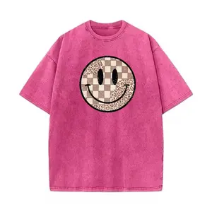Women's Casual Oversized Streetwear Vintage Tee, Leopard Checkerboard & Smiley Face Design, Soft Fabric, Summer-Autumn Wear, Ideal Gift for Friends,summervibes