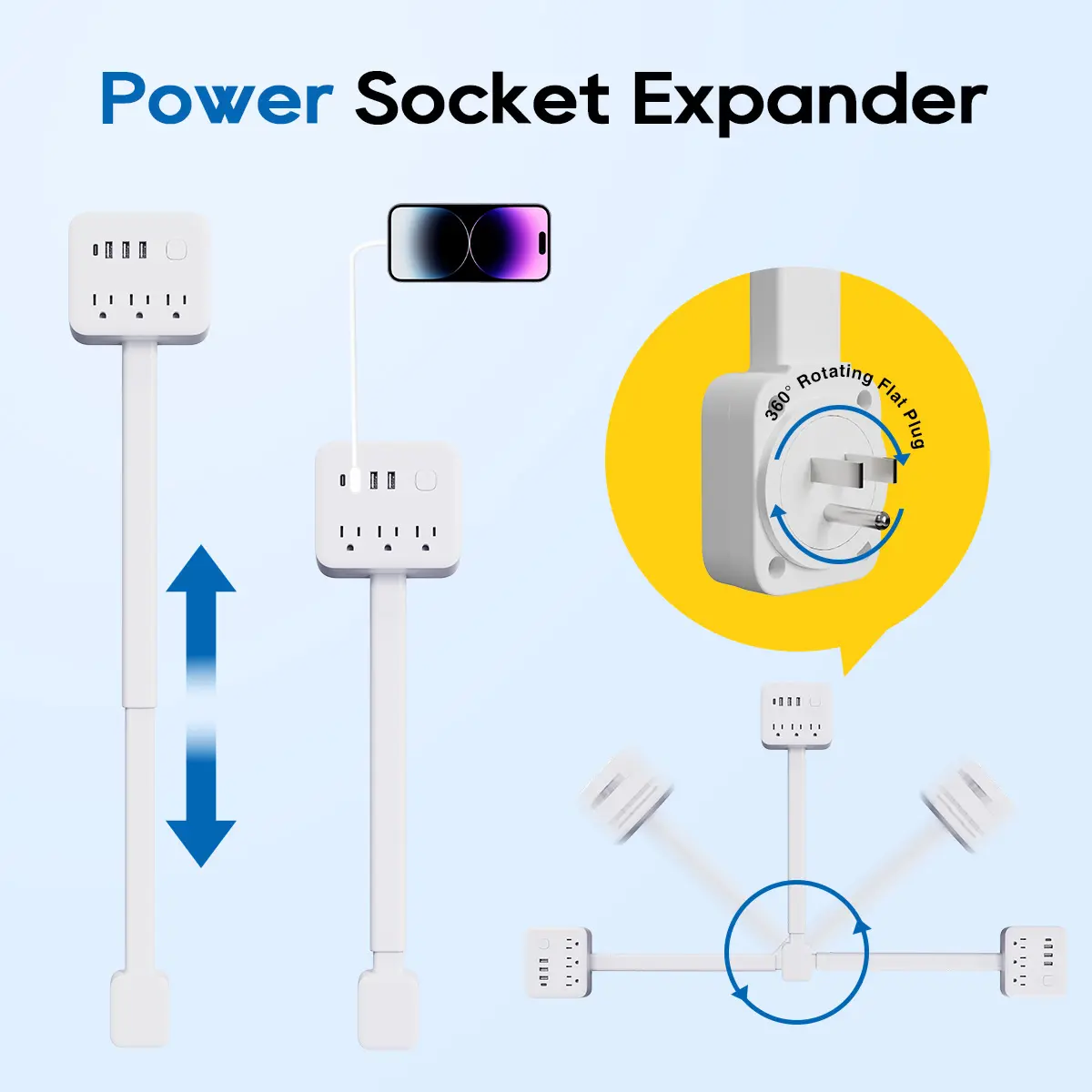 [Security Upgrade] Extendable Electrical Outlet Extender Stick (17.52"-25.6" Range) with 360° Rotating Flat Plug, Hook-Loop Mounting, 3 AC + 3 USB-A + 1 USB-C Multi-Ports, 110V Surge Protection, Safety Switch for Smart Homes, Indoor Behind Furniture Use,,