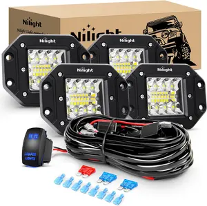 Nilight 4PCS 42W Flush Mount LED Pods Spot Flood Combo Beam Driving Light Backup Light Reverse Light Grill Mount Light with 16AWG LED POD Lights Wiring Harness Kit -4 Leads Triple Row dealsforyoudays Under Dash Lighting Underglow Car, Led Car Lights, 42W