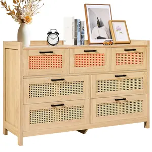 VEVOR 7 Drawer Rattan Dresser,  Natural Rattan Wood Dressers with LED Light, Modern Wood Chest Clothing Organizer & Storage Boho Dresser with Sturdy Handles & Legs, for Bedroom, Living Room & Hallway