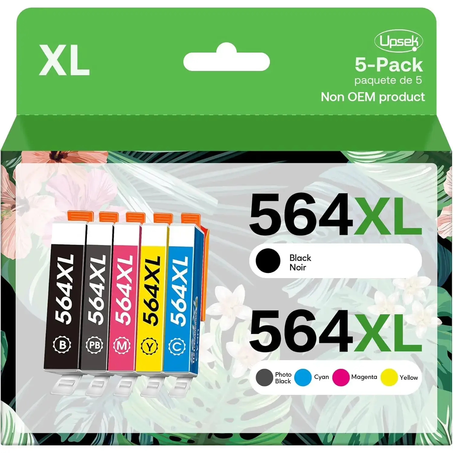 Upsek 564XL 564 Compatible Ink Cartridge Replacement with New Chips (100% Compatibility, 50% More Ink, 750 Pages Per Color) for HP Photosmart 7520/6525/6520/3520/5520, DeskJet 3520/3522 (Black, Cyan, Magenta, Yellow, Photo Black, 5-Pack), High Capacity