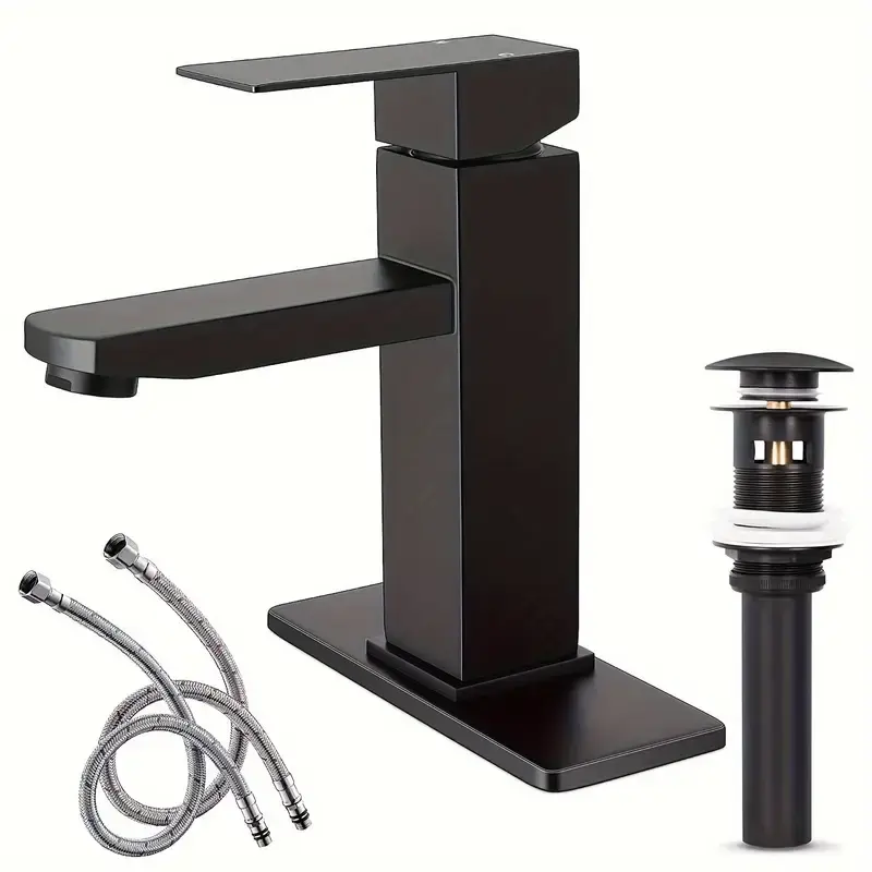 Matte Black Modern Waterfall Bathroom Faucet - Solid Brass Metal Single Handle Rustproof Basin Tap with 6" Base Plate, Hose, Drain, 1/3 Hole & Single Hole Installation, Durable, Easy Operation, RVs Compatible Shower Sinks Tap, Rv Compatible