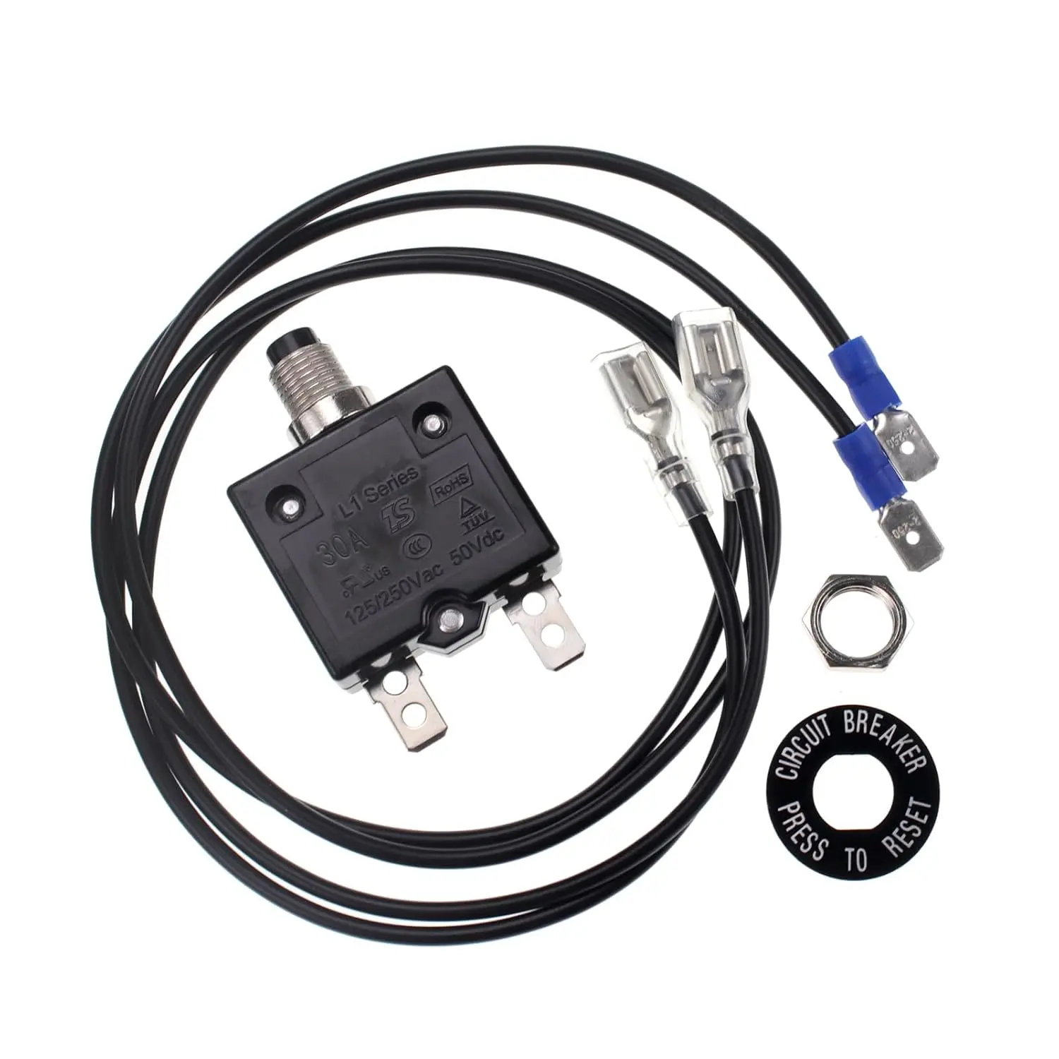 125-250V AC 50V DC Push Button Circuit Breaker 30Amp Thermal Overload Protector Series Manual Reset Thermal Circuit Breaker 30A with 10AWG Wires
