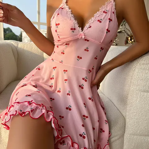 Cute Cherry Print Lace Trim Ruffle Hem Sleeveless Nightgown Chemise Comfy Nightwear