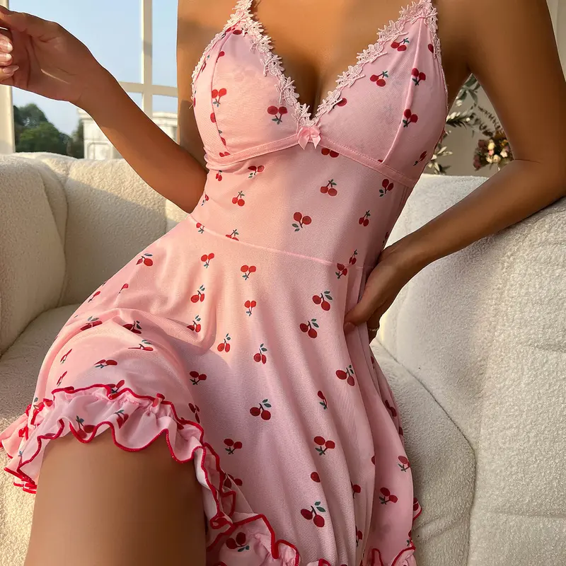 Cute Cherry Print Lace Trim Ruffle Hem Sleeveless Nightgown Chemise Comfy Nightwear