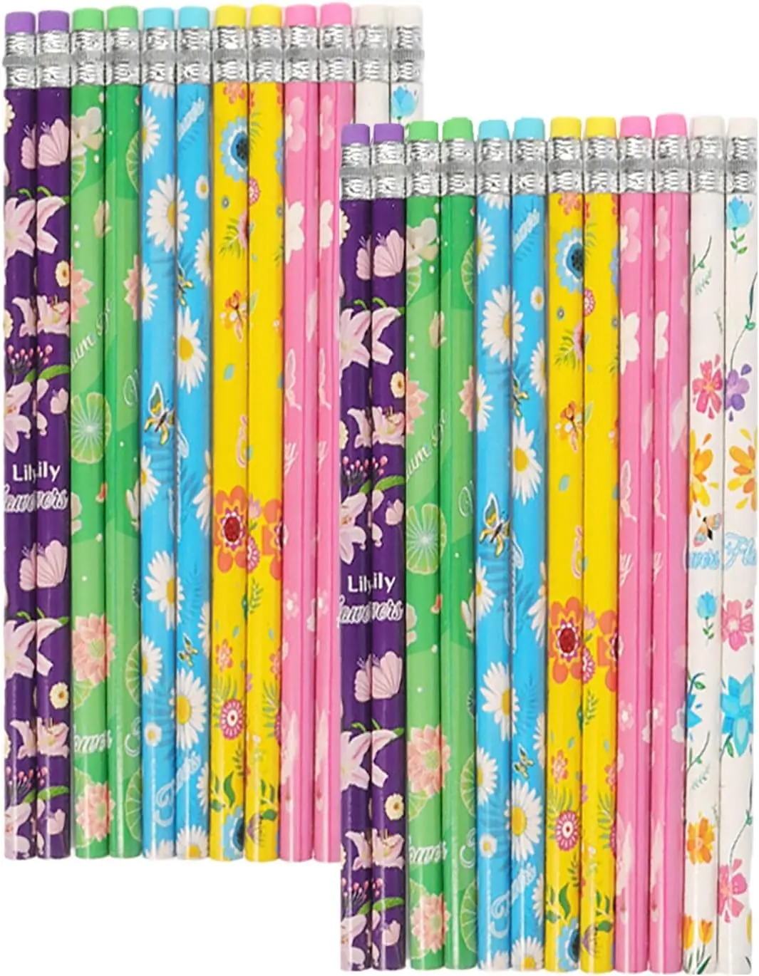 24pcs Flowers Pencils with Eraser Wood Pencils Bulk (Flowers, 24)