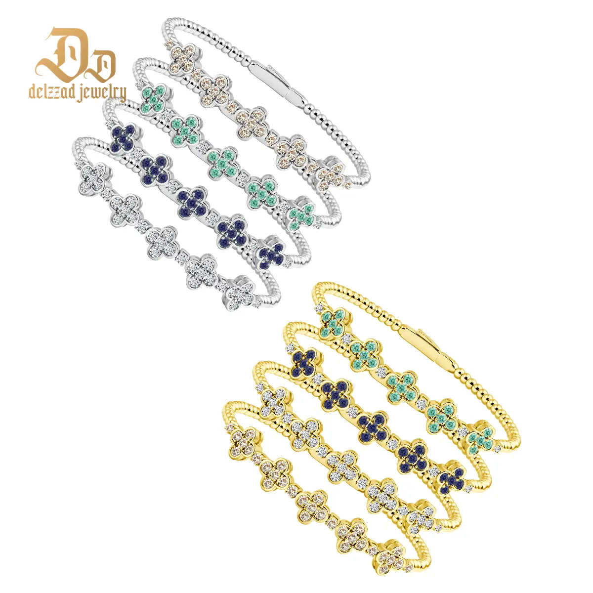 Delzzad 3ct Baroque Beaded Whisper Bangle Clover Bracelet VVS Synthetic Moissanite Bracelet Bangle Copper for Women Men Perfect Birthday Engagement Anniversary Gift