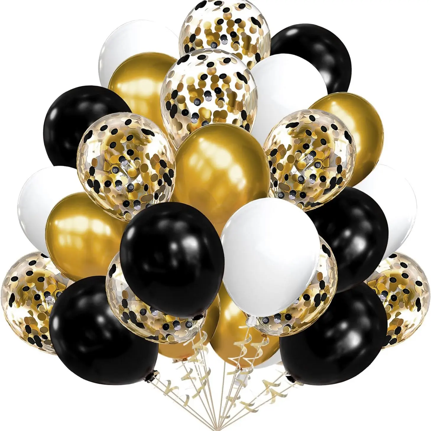 AsBalloon 30Pcs Black Gold White Latex Balloon Kit Matte Black White Metallic Gold Confetti Balloons With Silk Ribbons For Birthday Graduation New Year Wedding Decor Thick Elastic Hard To Tear BlackGoldBalloonSet PartyBalloonKit BirthdayPartyDecor