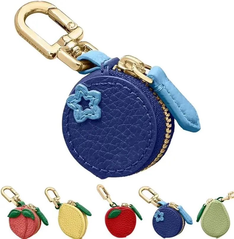 Trendy cute keychain Fruit Coin Purse Keychain, Mini Leather Bag Charm for Women, Cute Kawaii Coin Holder Keychain Purse, Gift Idea for Her, Strawberry, Orange, Peach Design, Blueberry, mini coin purse keychain Charm