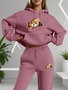 Women's Cartoon Bear Print Hoodie Set, Long Sleeve Sweatshirt & Pants, Casual Fitted Two-Piece Outfit for Spring & Fall, Casual Loungewear Set, Casual Fashion Set