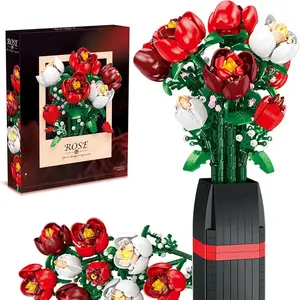818-PCS Rose ABS Plastic Building Kit, DIY Decorative Flowers Bouquet Set with Vase, Birthday Gift for Girlfriend & Boyfriend