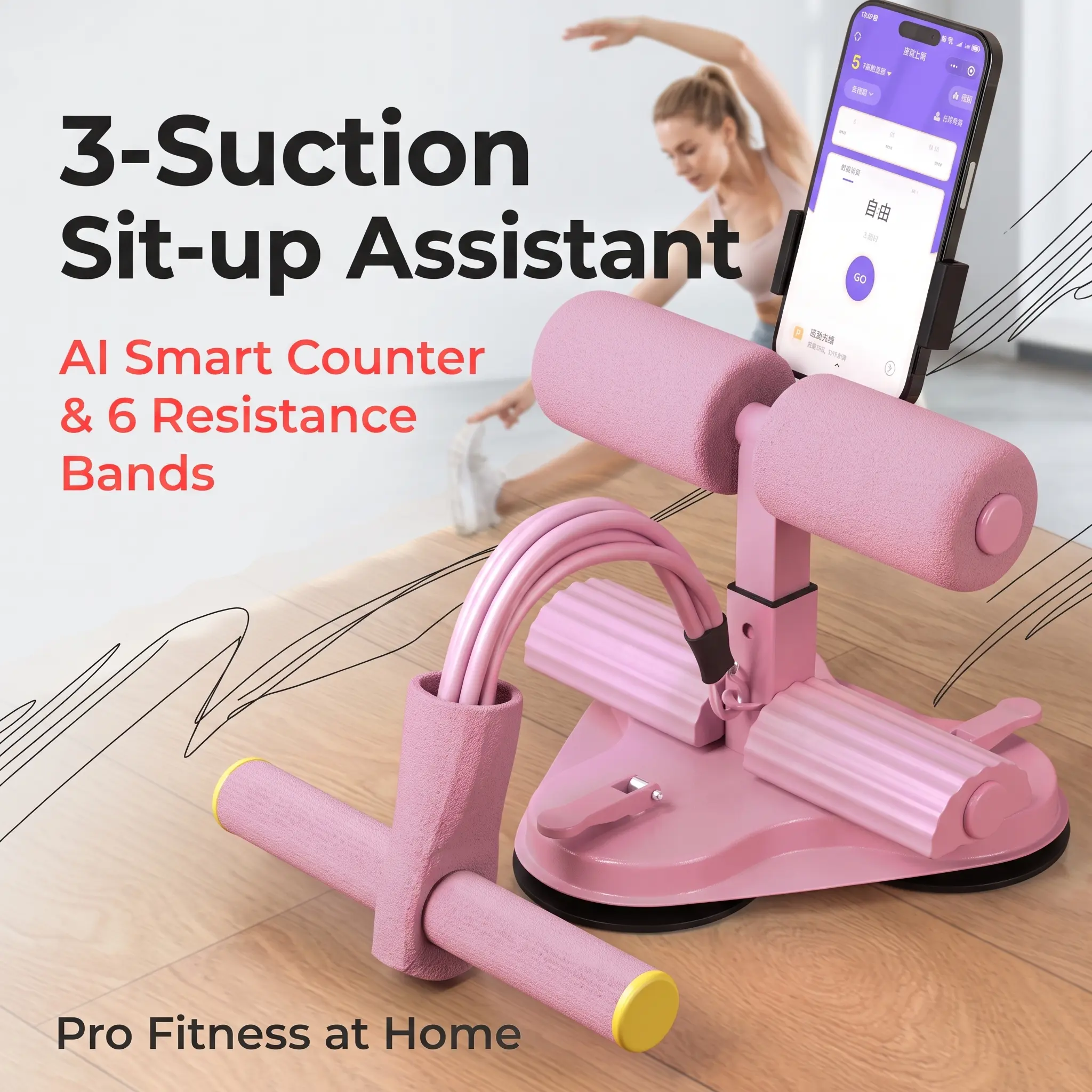 3-Suction Sit-Up Assistant Ab Trainer with 6 Resistance Bands & Phone Holder, Portable Core Workout Training Tool, Compact Adjustable Home Fitness Equipment with AI Smart Counter, Easy Storage Full Body Exercise Trainer