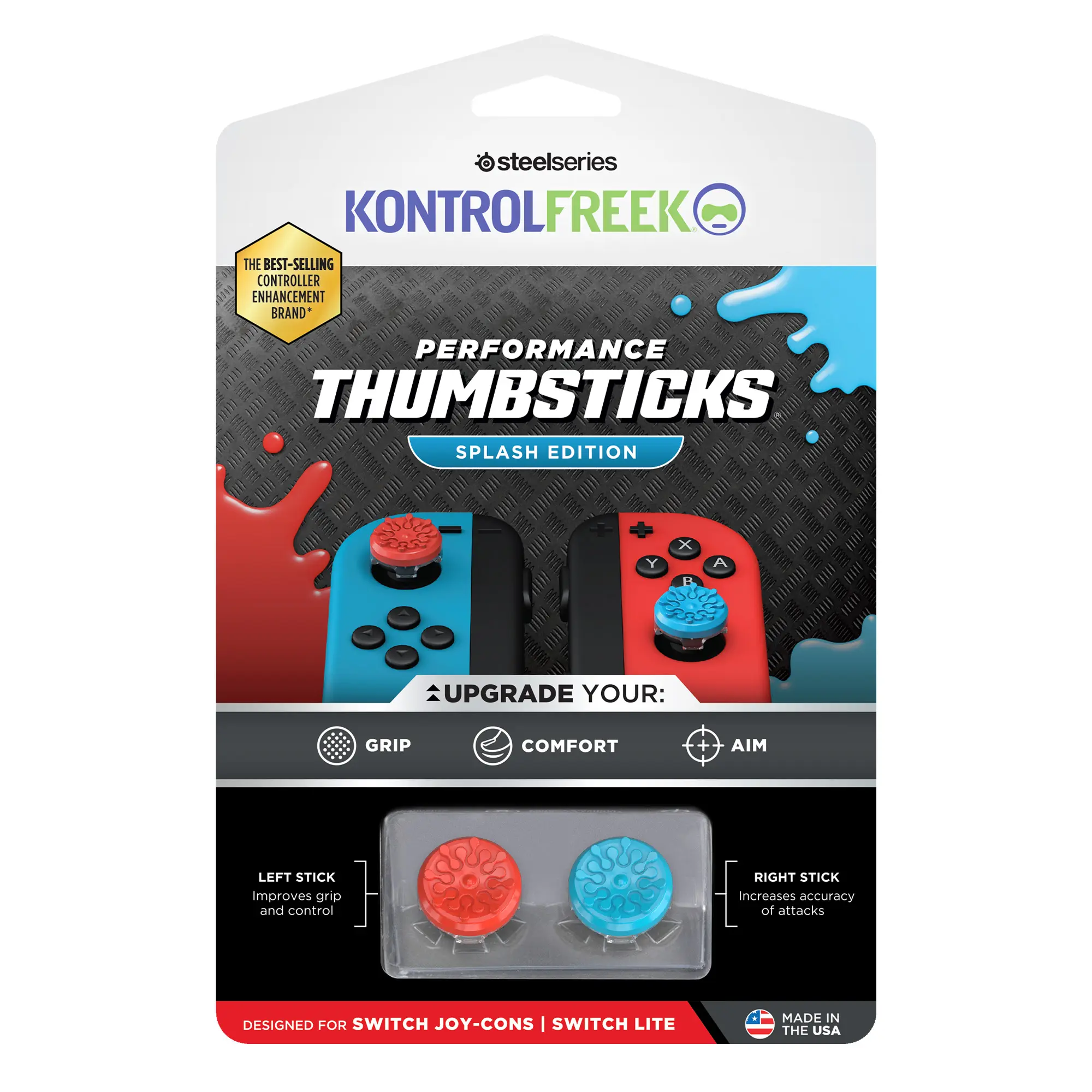 KontrolFreek Splash Performance Soft Rubber Thumbsticks for Nintendo Switch Joy-Con Controller - Fast Aim Boost Console Accessories with Enhanced Concave Grip, Blue/Red, Performance Soft Thumbsticks