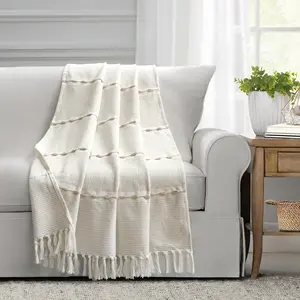 Lush Decor Herringbone Stripe Woven Tassel Yarn Dyed Cotton Tassel Throw Blanket 50"W x 60"L Striped Throw Blankets Couch Blanket for Cozy Living