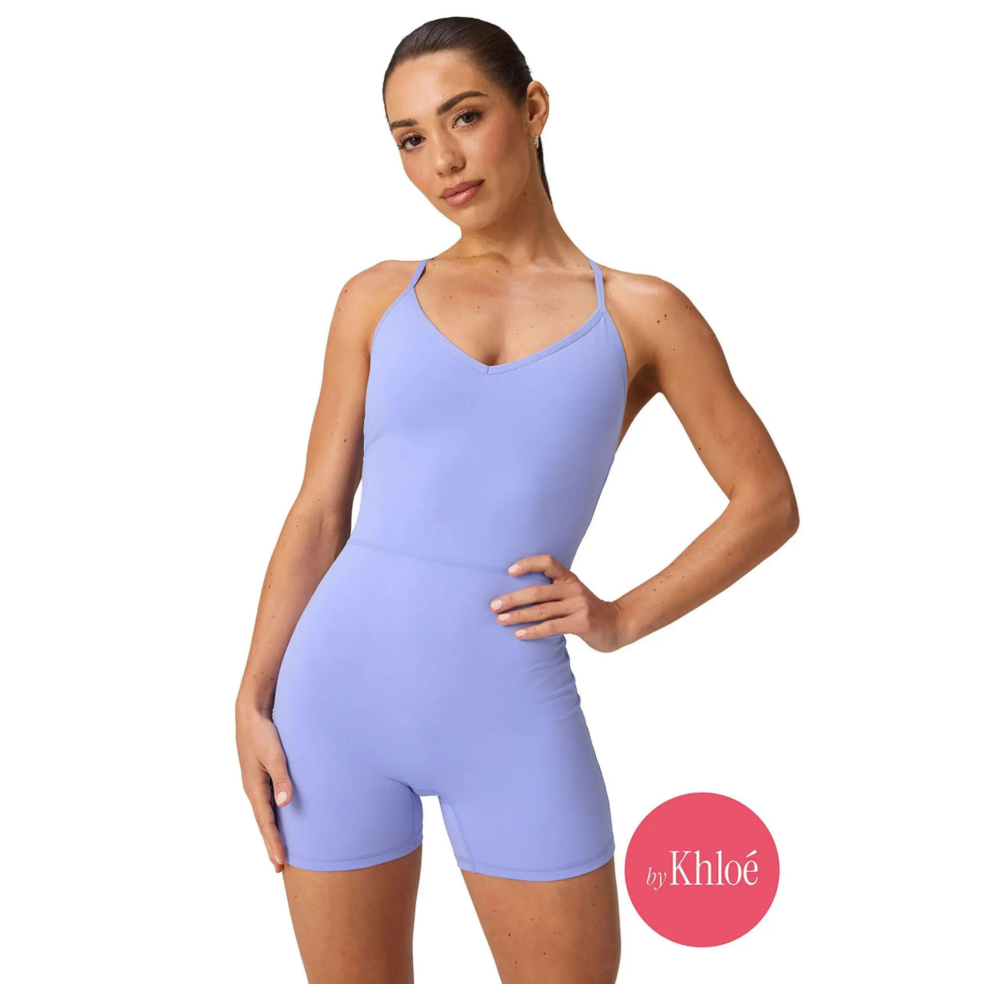 Fabletics Women's Plain Scrunch Waist Short Legs V-Neck PureLuxe Booty Scrunch V-Back Jumpsuit (4" Inseam)