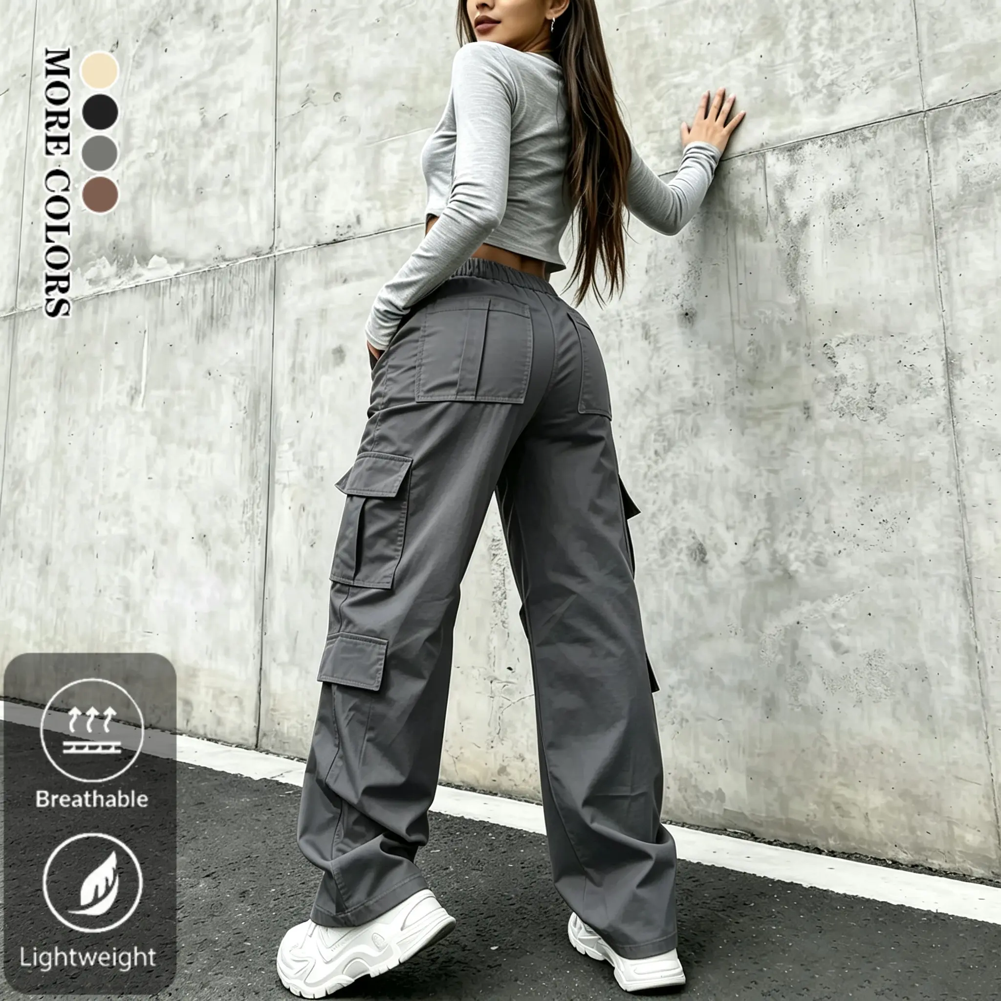 Women's Elegant Street-Style Loose Cargo Pants - Womenswear, Elastic Waistband, Multiple Pockets, Y2K Fashion, Versatile All-Season Urban Trend Casual Long Pants