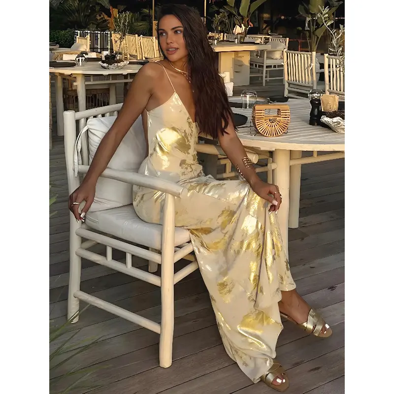 Women's Metallic Print Spaghetti Strap V-Neck Backless Maxi Slip Dress, Elegant Party Wear, Going Out, Chic, Watch Party, Sleeveless, Maxi Length, Digital Print, Long, Chic Party Wear