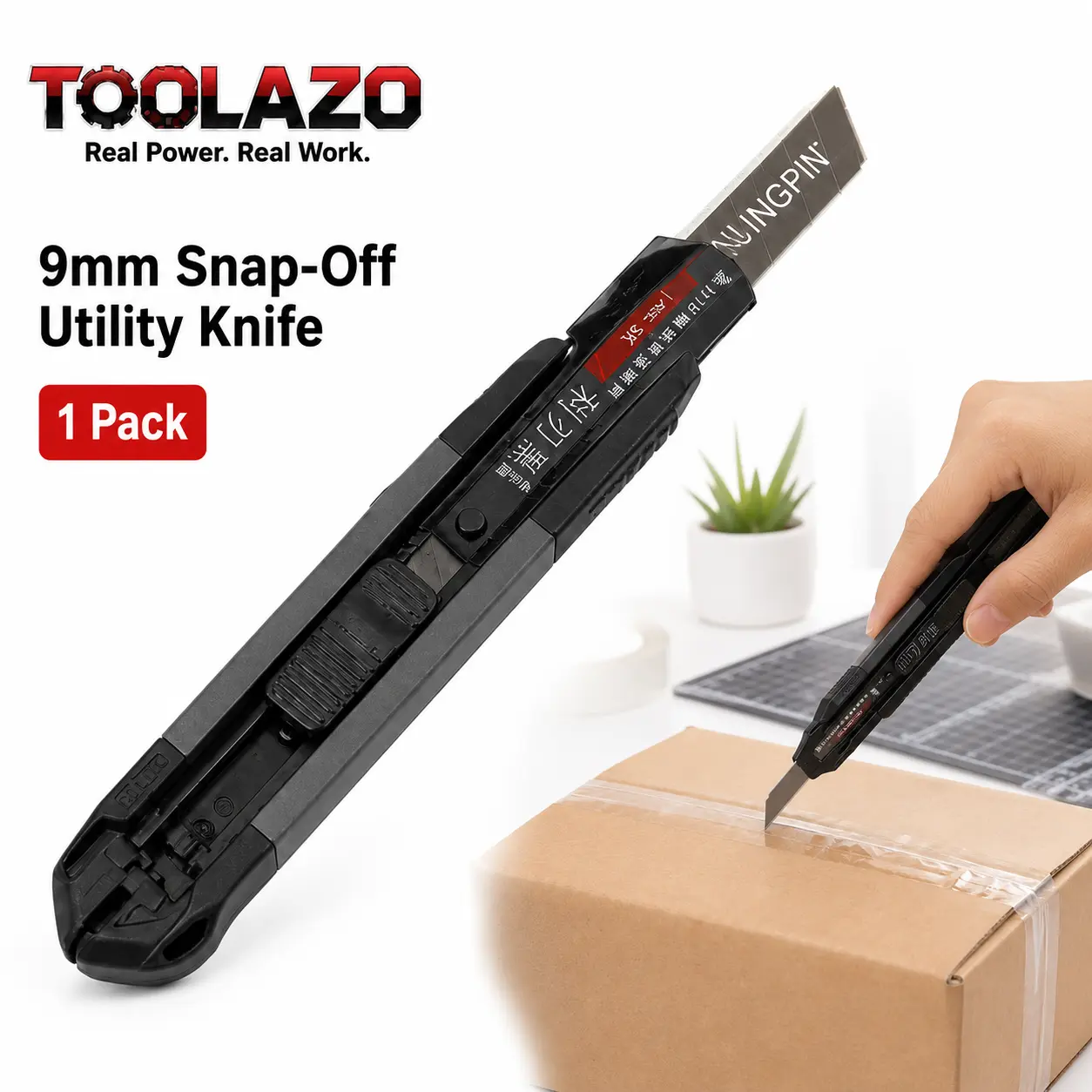 TOOLAZO 1-Pack Retractable Utility Knife, 9mm Snap-Off Box Cutter with Auto Lock, Lightweight ABS Handle and Carbon Steel Blade for Cardboard, Packaging, Paper, Office, Home, Warehouse and DIY Cutting tool Outdoor Folding Camping multifunctional