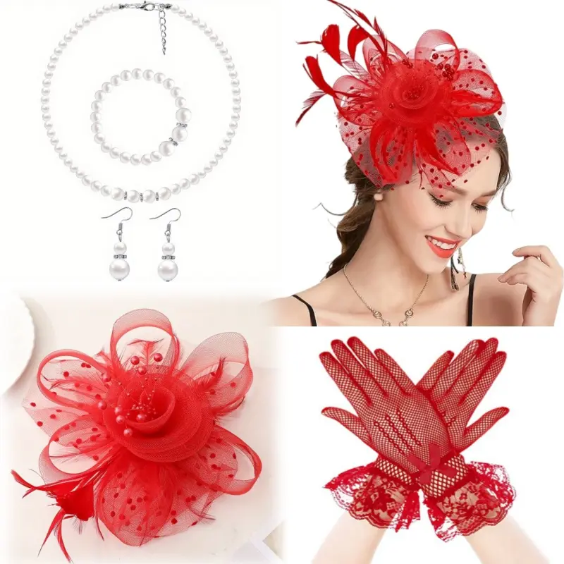 Pack Of 5 Elegant Women'S Fascinator Set with Veil Mesh Headband Feather Hat Lace Bowknot Gloves, Faux Pearl Earrings, and A Beaded Chain for Tea Party Cocktails, Birthday Wedding Hat Accessories