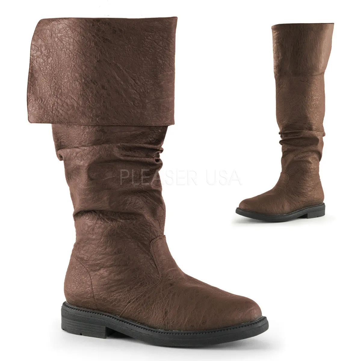 Men's Brown Renaissance Boots, Classic Knee-High Pirate Costume Footwear with a Cuffed Top, Flat Heel, and Inside Zip Closure, Medieval Pirate, Retro, Statement Shoes, 1 In, Themed Events, L (Mns 12-13)