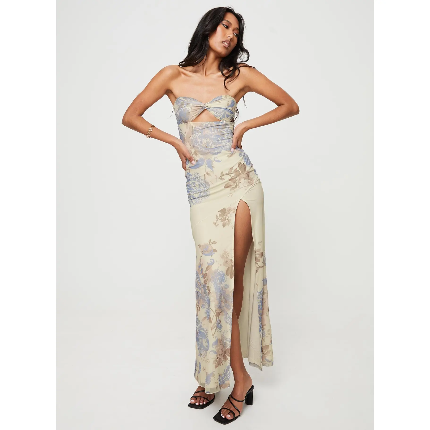 **Kyanne High Split Maxi Dress Cream Multi Sleeveless 2026**