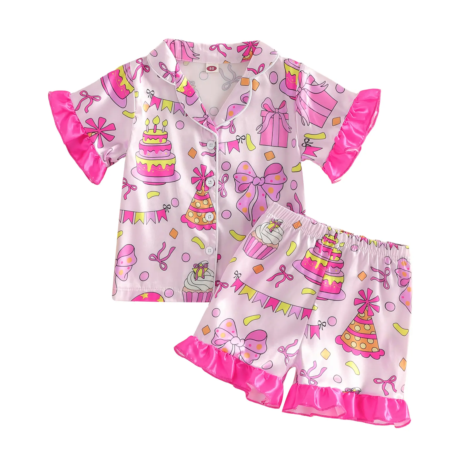 Kids Girls Birthday Pajamas Set, Cake Bow Print Short Sleeve Turn-down Collar Tops with Elastic Waist Shorts Sleepwear