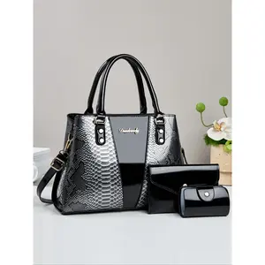 Women's Fashion 3-Piece Handbag Set, Patent Leather Snake Plaid Tote Bag, Large Capacity Shoulder Bag, Crossbody Purse, Wallet Clutch