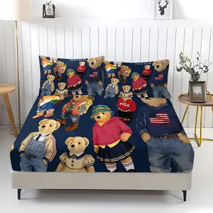 Teddy Bear Pattern Bed Sheet, Comfortable Printed Pattern, Includes 1 Bed Sheet and 2 Pillowcases, Comfortable Bedding, Non slip Dust Cover Suitable for Bedroom and Guest Room, Suitable as a Gift for Children or Adults