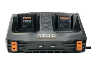 Ridgid AC840094 Dual Port 18V Lithium Ion and NiCad Battery Charger with Pass-Through AC Ports and USB Charging (Batteries Not Included, Charger Only)