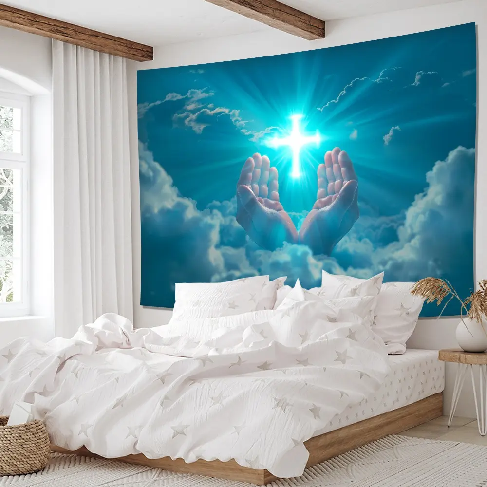 Shiny Raised-Hand Praying Glowing Cross Print Wall Tapestry - Retro Home Decor Gift for Girls, Includes Installation Package, Ideal for Indoor Spaces (Living Room, Bedroom)