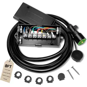 8 Ft 7 Pin Trailer Wiring Harness With 7 Gang Junction Box, Heavy Duty 7 Way Trailer Junction Box 7 Pole  for RV , Campers, 7 Pin Trailer Plug With Dust Cover- Pure Copper