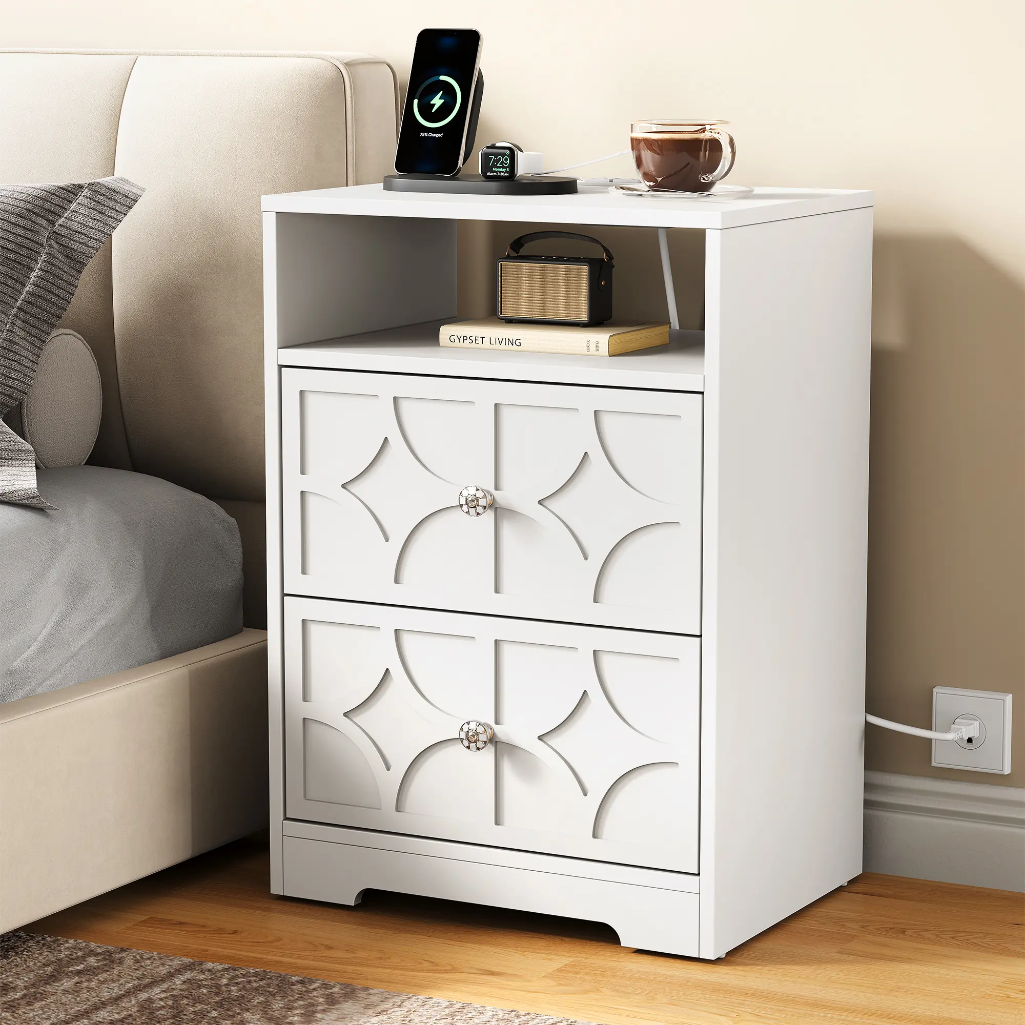 RoyalCraft Large Nightstand with 2 Drawers, Modern Side Table with Charging Station, Accent End Table with Diamond Carvings, Storage Cabinet for Living Room, Bedroom, Entryway