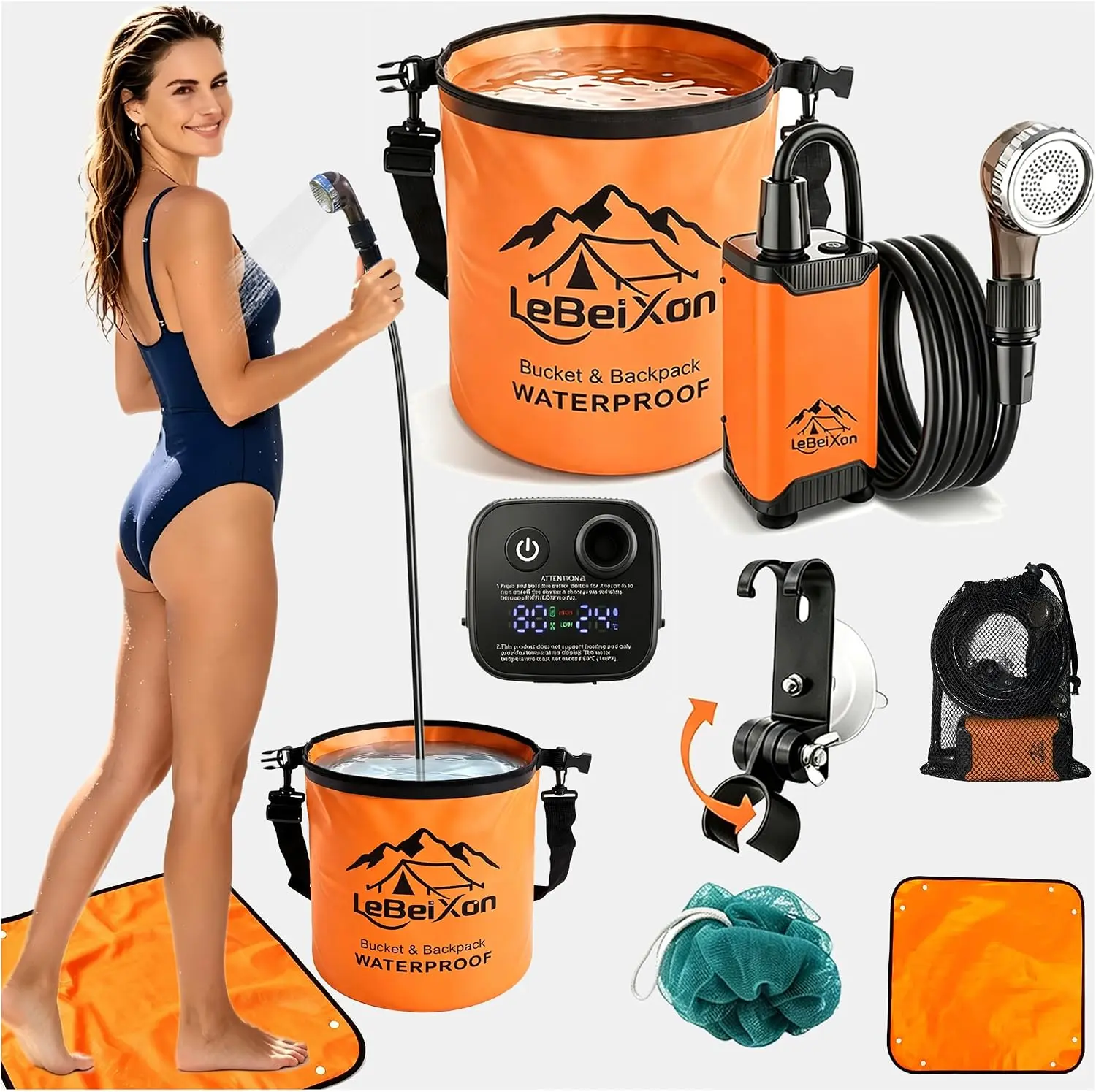 Portable Shower Pump for Camping Shower Kit, 8000mAh IPX8 Pump 90-150 Mins Runtime, 1.6 GPM Flow, Digital Display, 4-Stage Filtration, 4-Gal 2-in-1 Backpack Bucket, Shower Mat & Adjustable Shower Hook