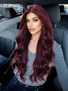 26 Inch Burgundy Long Wavy Wigs for Women, Gorgeous Fluffy Wigs without Bangs, Synthetic Lace Front Wigs for Party, Daily Use